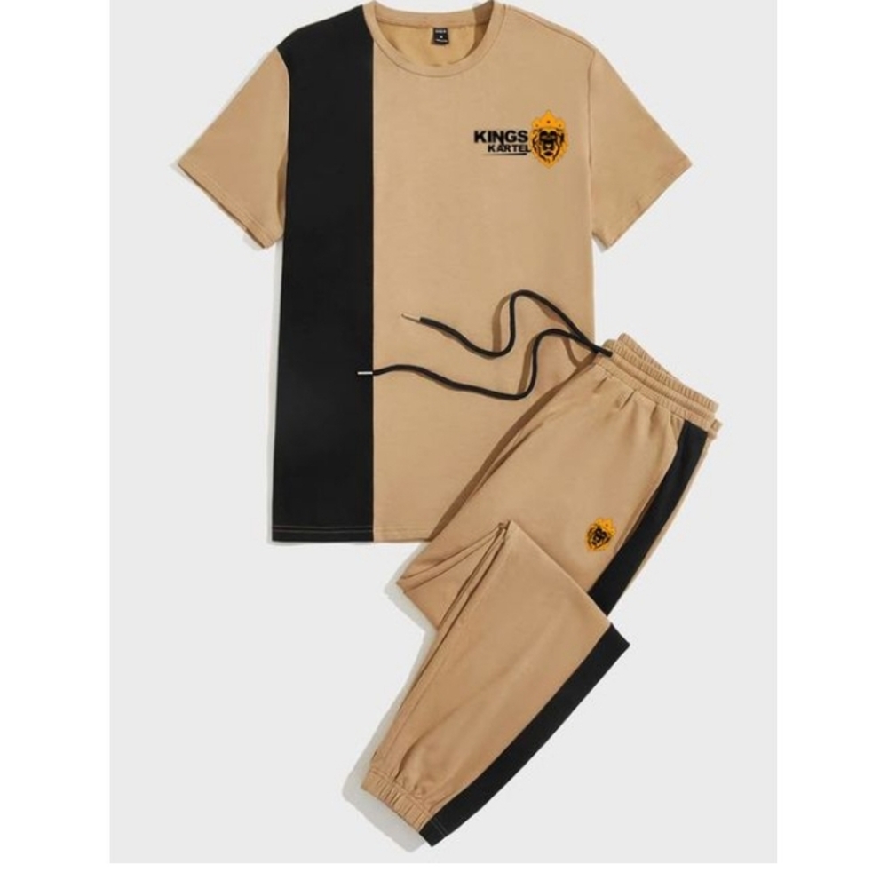 Tan and Black Graphic T-Shirt and Joggers Set